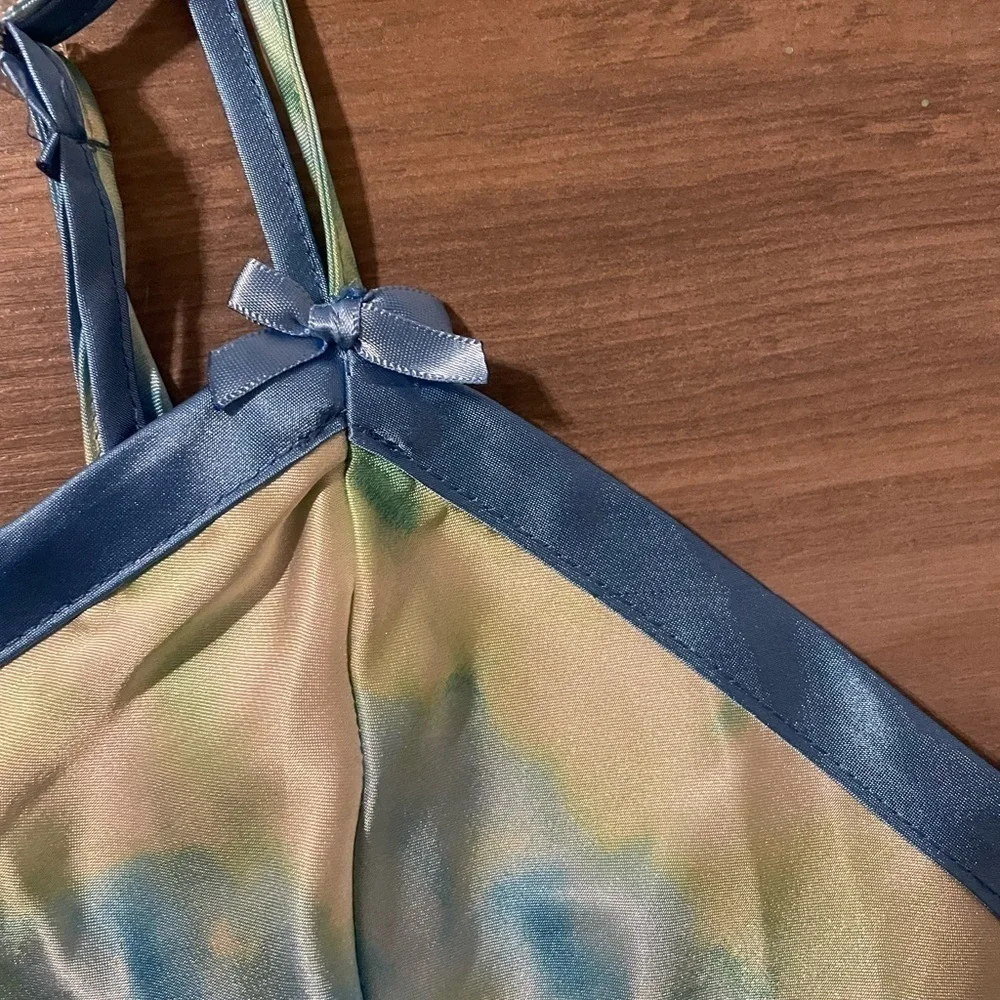Delicates Womans Tie Dye Green/Blue Satin Bow Lingerie Chemise slip dress